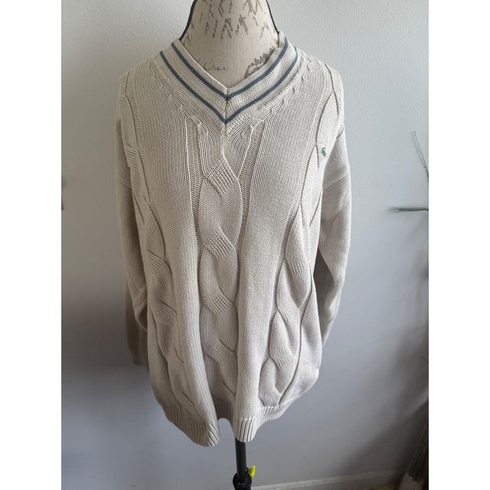 Lacoste Men's Cable Knit V Neck Sweater Beige Size 6 Cotton Long Sleeve Preppy